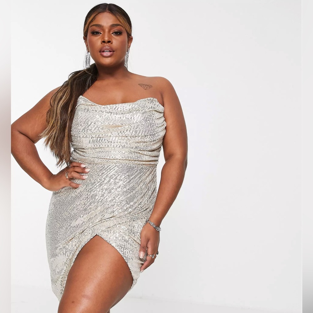 Lavish Alice Plus Bandeau Wrap Dress in Silver Sequin Size 18